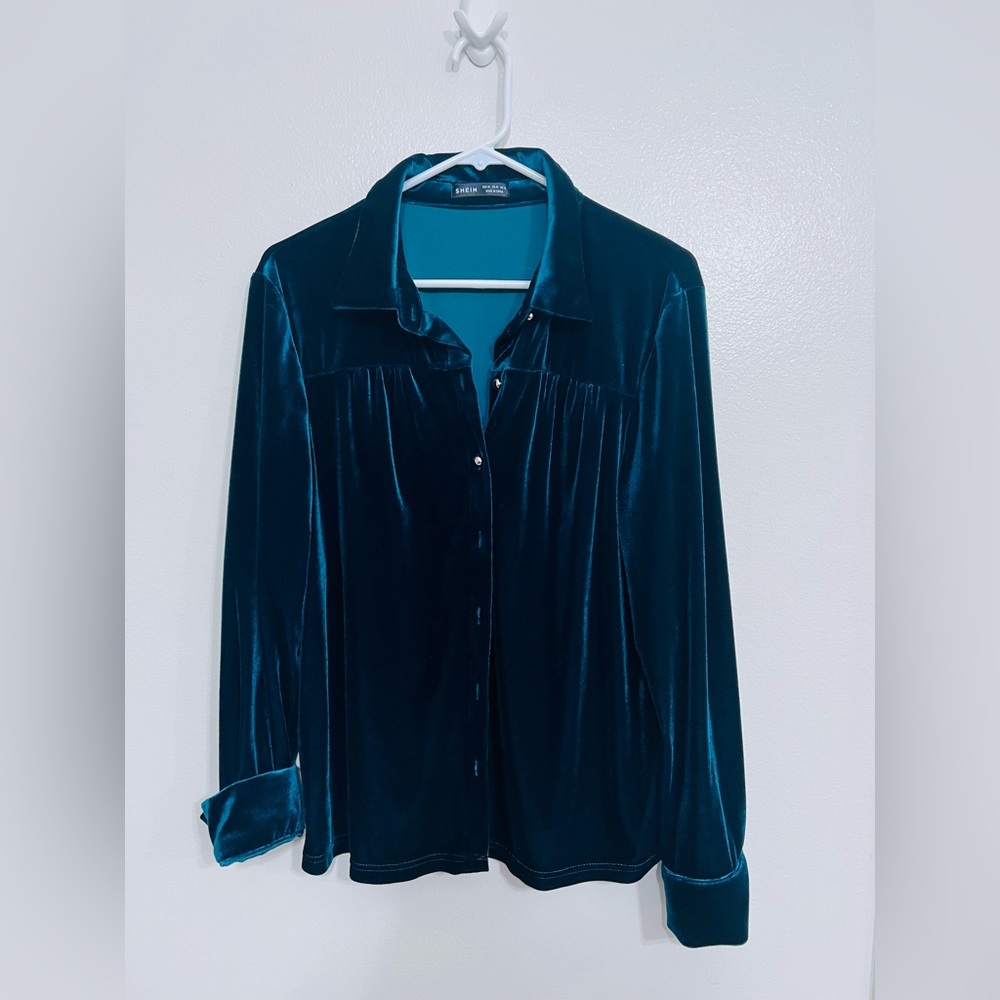 Rich Emerald Green Velvet button shirt, gold buttons